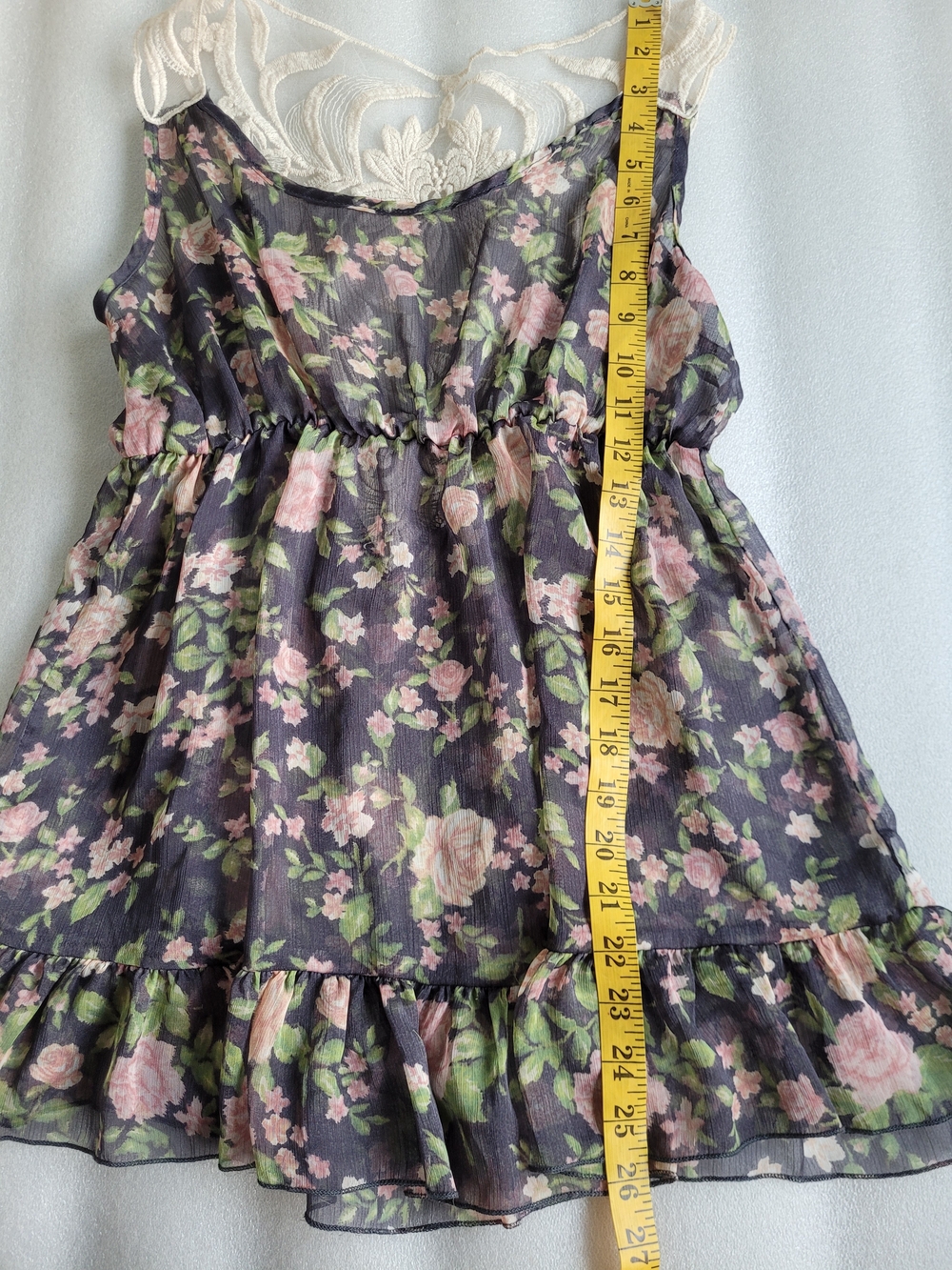 Vintage Y2K Roses Print Lace Back Sleeveless Chiffon Babydoll Top Large - Picture 12 of 16
